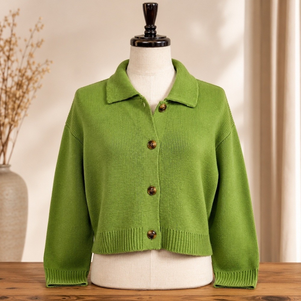 Ehka Sopo Womens Cardigan M L Green Collared Crop Button Knit Sweater Japan